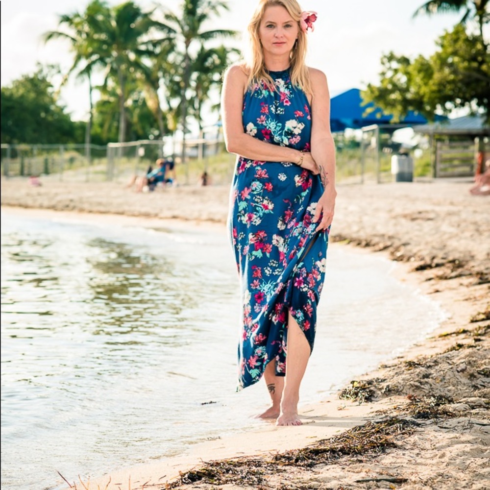 NWT Blue floral midi sundress. Handmade embroidery at neckline
